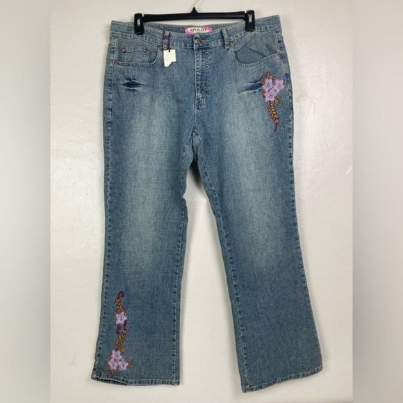 Apollo Women's Bootcut Jeans Floral Embroidered NWT 36x32 size 19/20 stretch - Picture 1 of 13